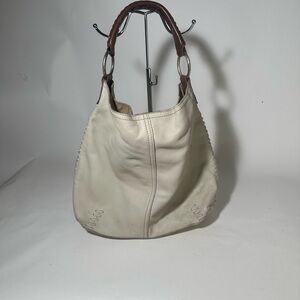 White and Brown Hobo Bag with Textured Leather and Slouchy Shape